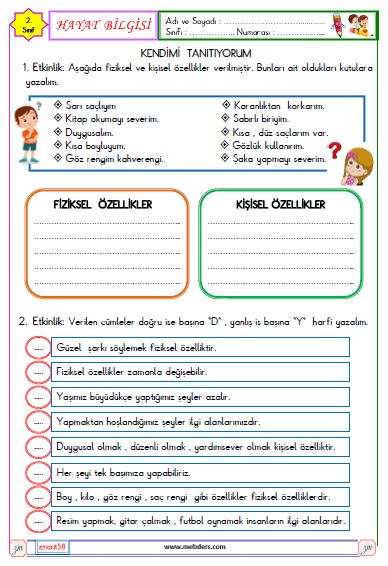 2. Sınıf Hayat Bilgisi Kendimi Tanıtıyorum Etkinliği